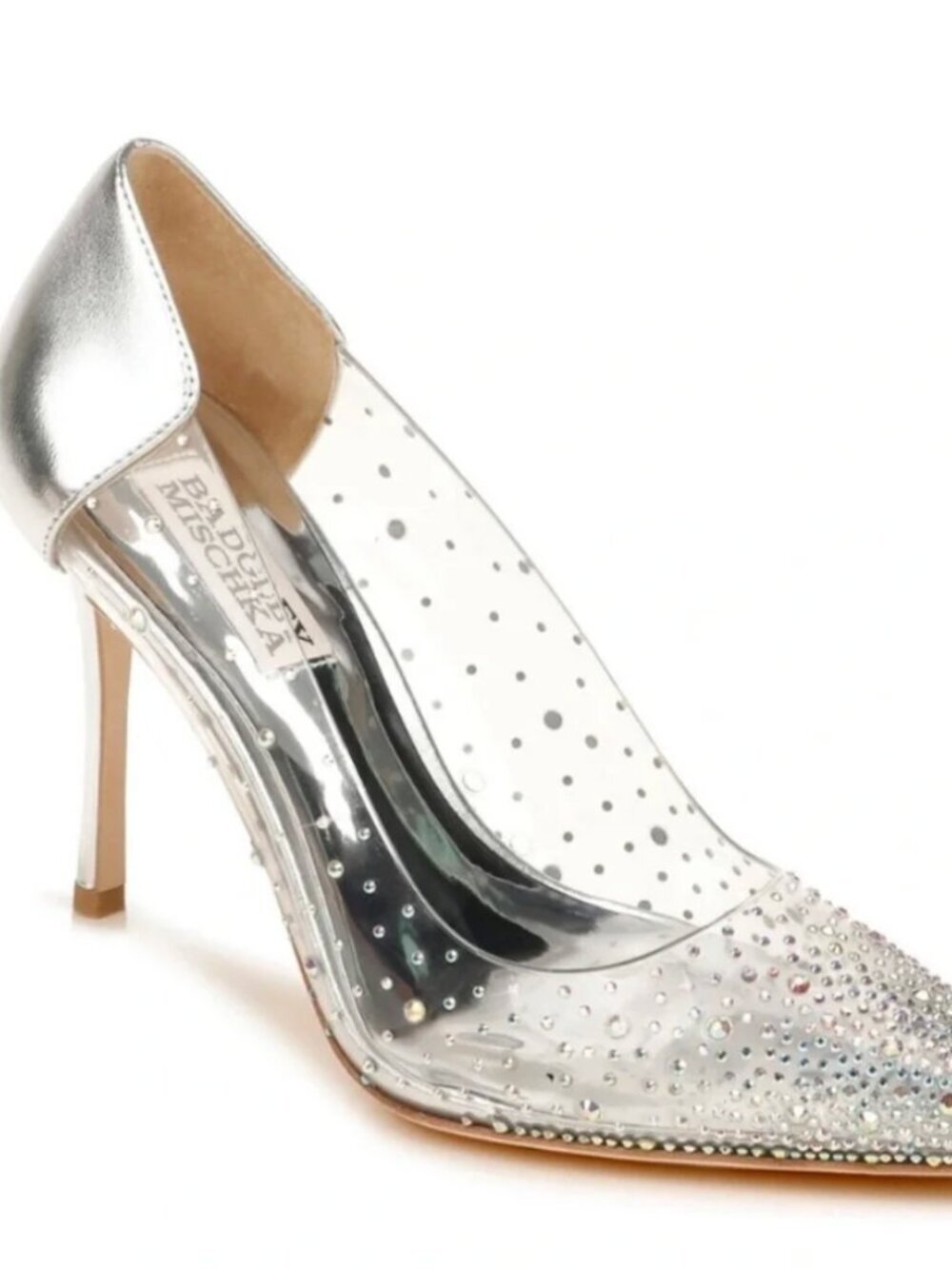 Badgley Mischka Gisela pumps feature a pointed toe and translucent panels adorne